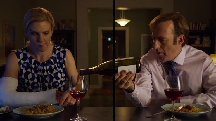 Saul Goodman pouring Kim Wexler a class of wine. Gilligan, Vince and Gould, Peter. Better Call Saul. AMC, 2015.