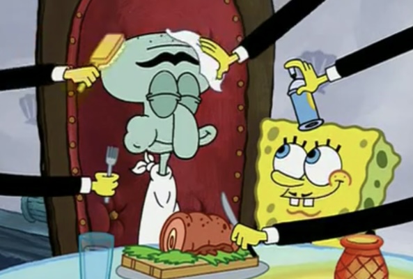 Squilliam is served by SpongeBob.