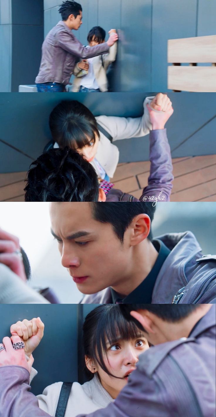 A man (Daoming Si from Meteor Garden) is holding a woman's (Dong Shancai from Meteor Garden) wrists, preventing her from escaping. The image is split into four parts showing the progression of events.