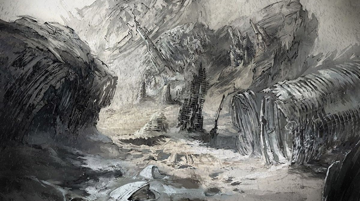 A snowy ruin of various broken metal structures, their original purpose unknown. 