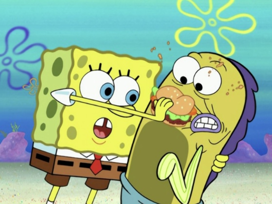 SpongeBob attempts to shove a patty down a man's throat.