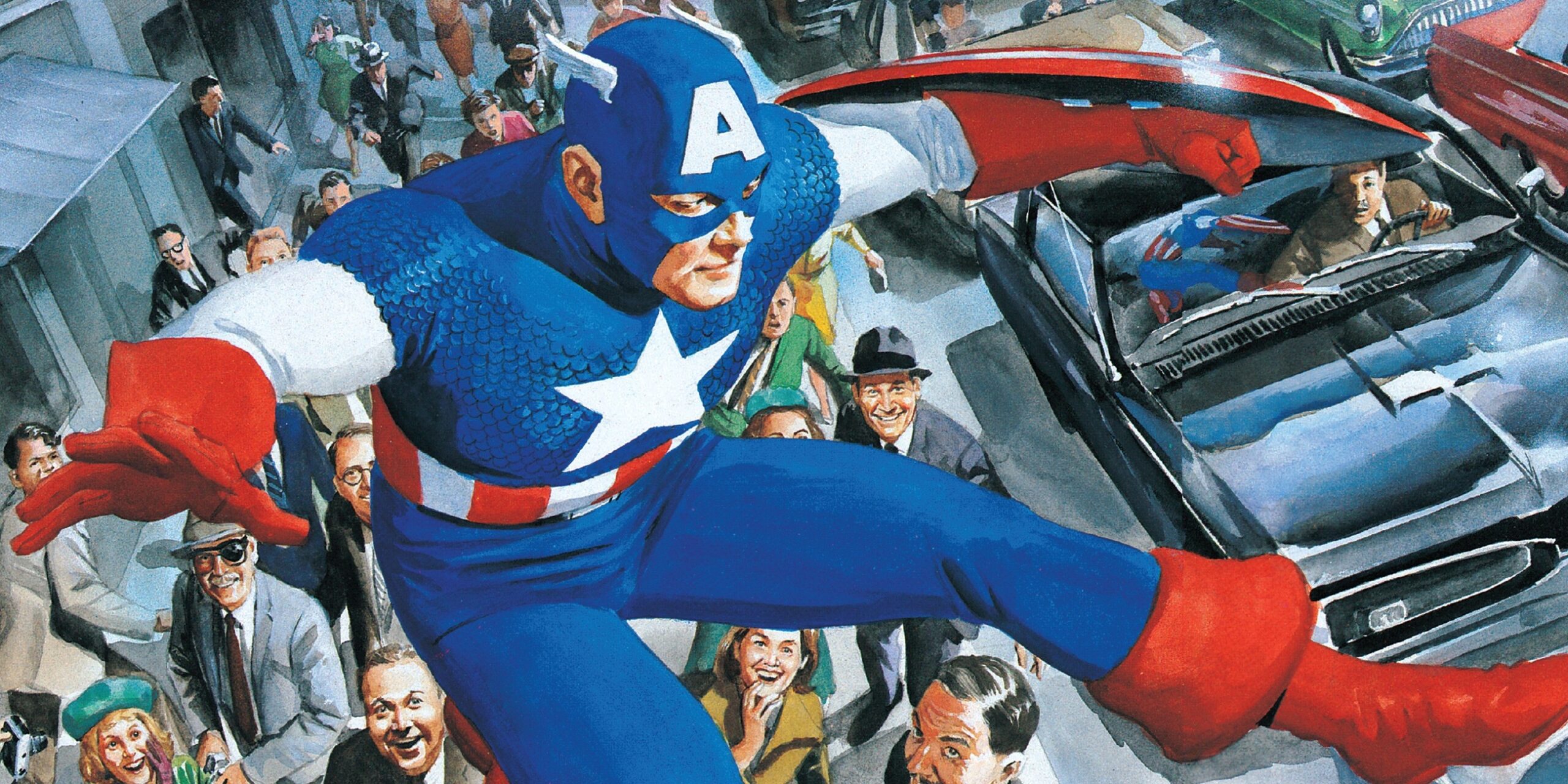 Captain America leaping into action while passersby smile. Busiek, Kurt, and Ross, Alex. Marvels: The Remastered Edition. Marvel Comics. 14 Nov. 2018.