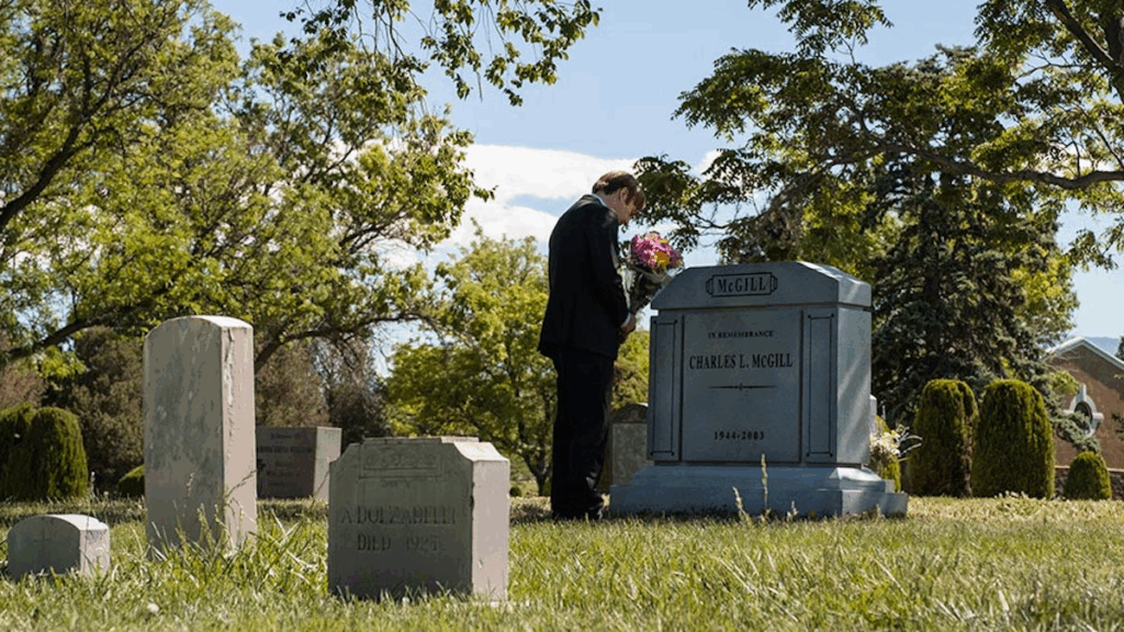 Saul Goodman at Chuck McGill's grave. Gilligan, Vince and Gould, Peter. Better Call Saul. AMC, 2015.
