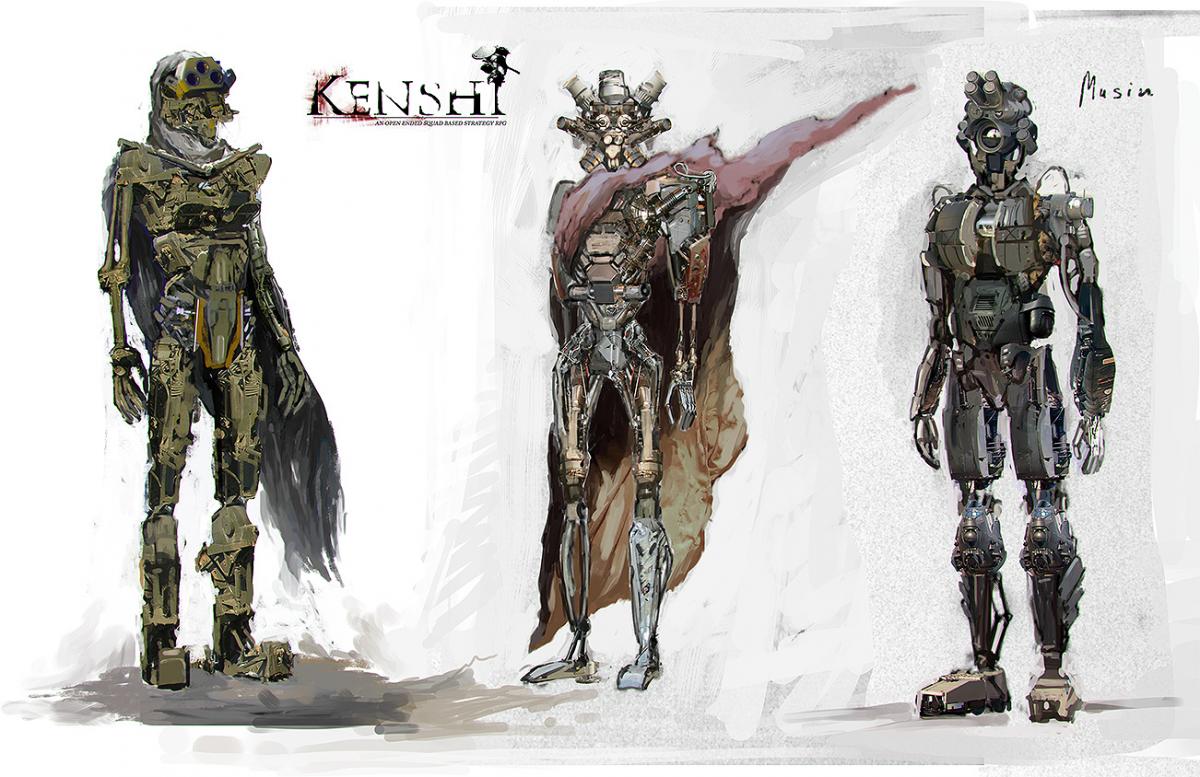 A piece of concept art depicting three humanoid robots, known as "skeletons" within the "Kenshi" (2018) universe. Though they are mostly humanoid in shape they appear to be made of metal and wiring instead of flesh and blood. 