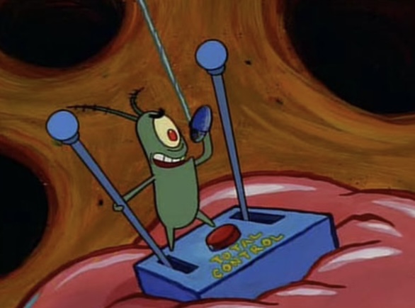 Plankton operates a device he implanted into SpongeBob's brain.