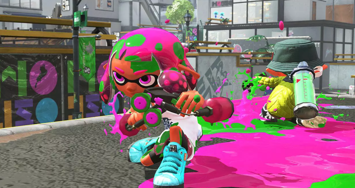 Promotional art showcasing the new-for-Splatoon 2 dualies class. "Splatoon 2." Nintendo. 2017.