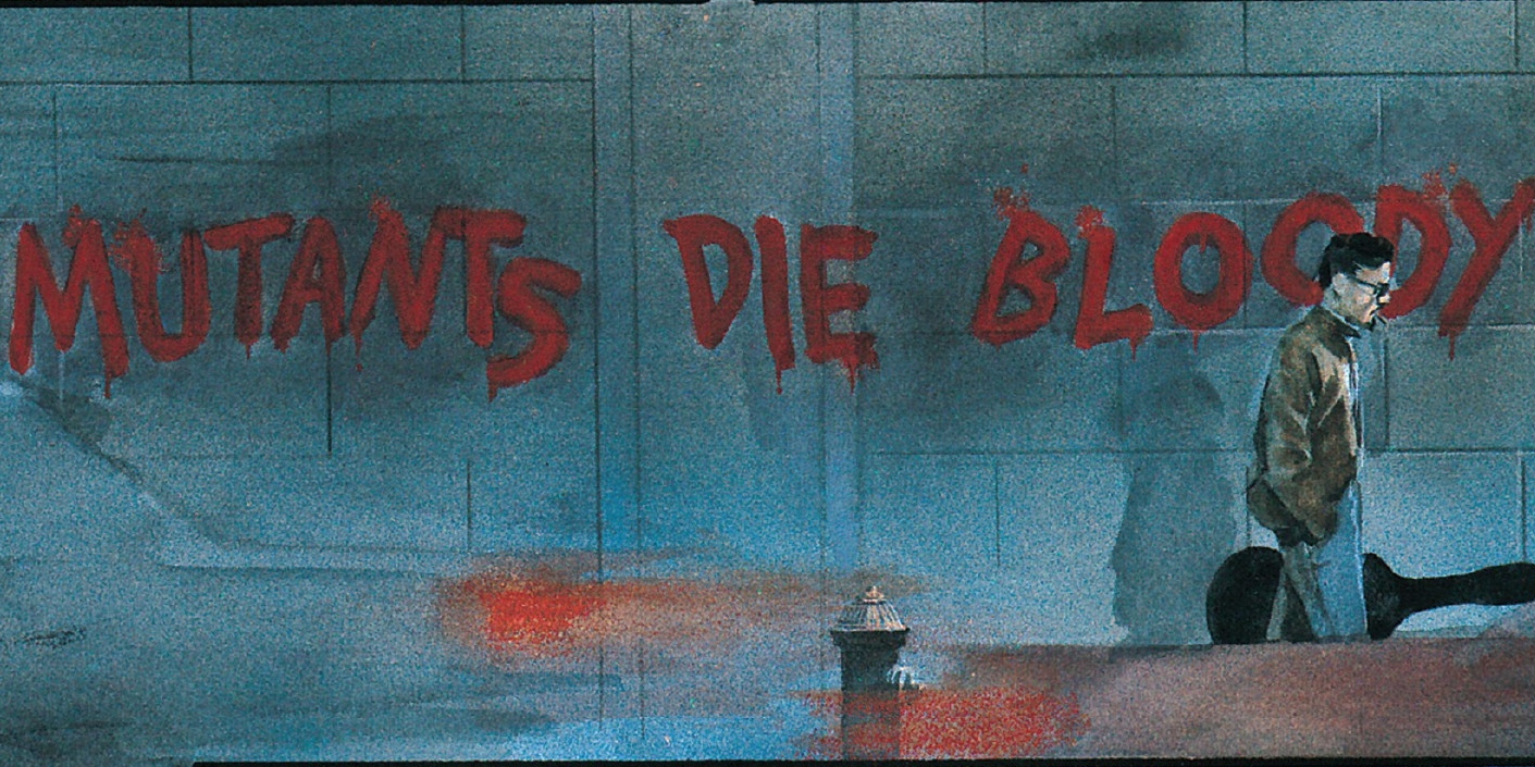 Red graffiti on a wall that says "Mutants die bloody." Busiek, Kurt, and Ross, Alex. Marvels: The Remastered Edition. Marvel Comics. 14 Nov. 2018.