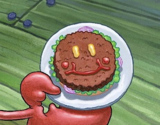 A krabby patty with a smile.