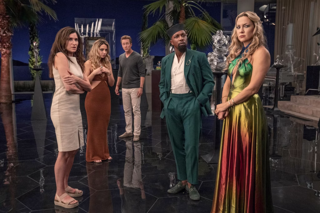(From left to right) Claire, Whiskey, Miles, Lionel, and Birdie stand in a diamond shape in Miles' very modern home, surrounded by sculptures.They are looking towards the camera in fear, nervous for what may happen next.