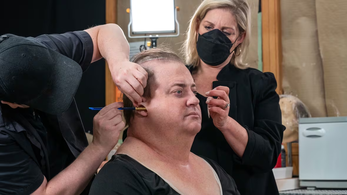 Brendan Fraser receiving cosmetic makeup for his role in 'The Whale.' Rashotte, Vivian. “Montreal Prosthetic Designer Describes the Painstaking Process of Transforming Brendan Fraser for the Whale.” CBC. February 24, 2023.