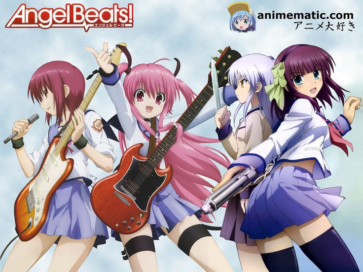 The poster for the visual novel, "Angel Beats! 1st Beat." It has four of the main characters holding instruments, steel, and fire weapons. 