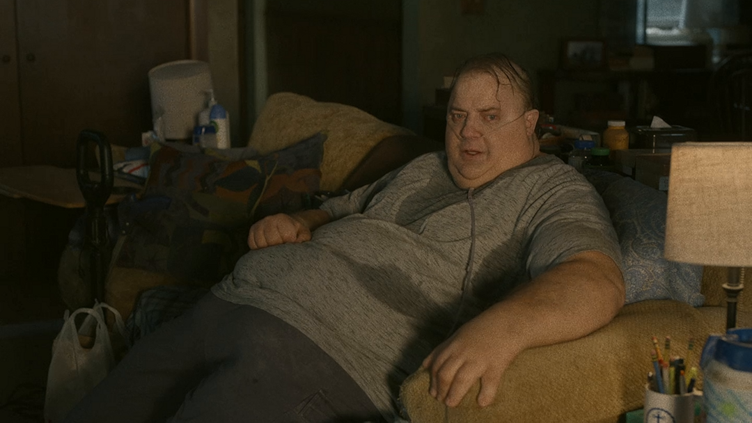 Charlie on his couch in 'The Whale.' Aronofsky, Darren. The Whale. 2022.