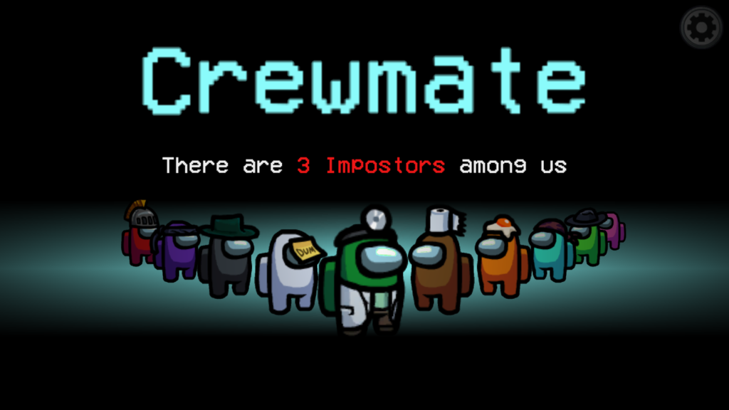 The Among Us loading screen before playing, in this case it says "Crewmate" in blue, with "There are 3 imposters among us." below. Underneath that is a line up of all the characters in the game.