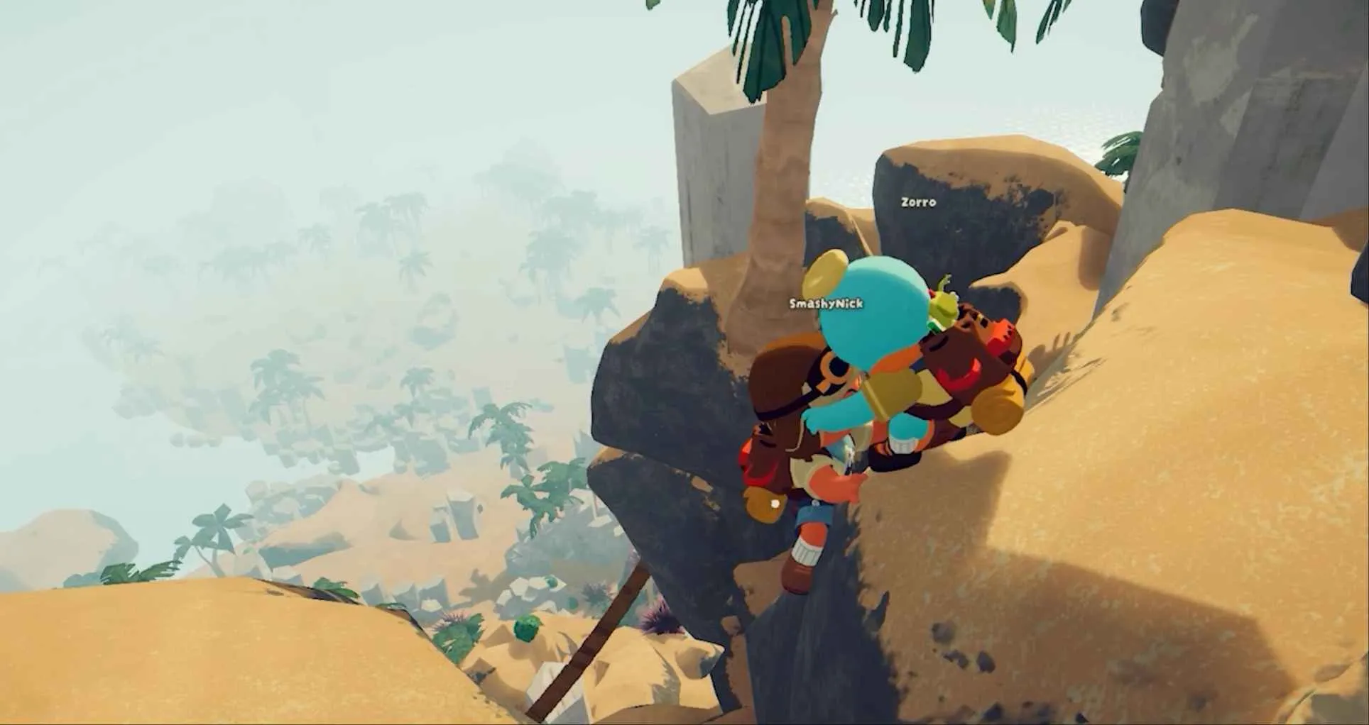 A screenshot of PEAK gameplay, with three character figures on a cliff edge in the foreground and a vast expanse of land behind.