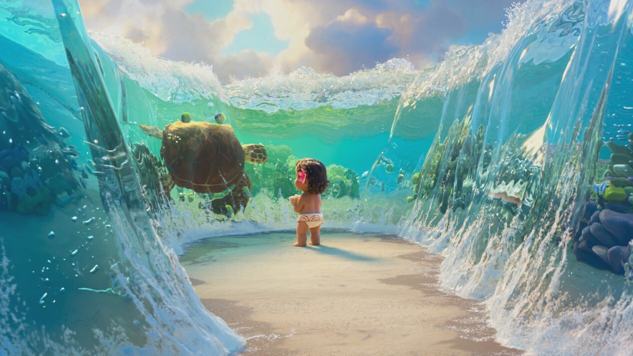 Young Moana as she's surrounded by ocean waves. Clements, Ron and Musker, John, creators. 'Moana.' 2016.
