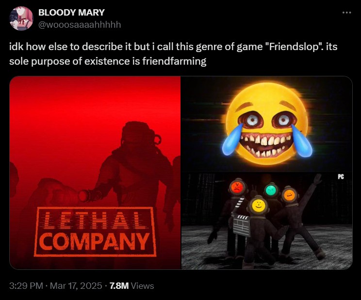 A Twitter post with the logos of Lethal Company and REPO saying, 'idk how else to describe it but I call this genre of game 'friendslop.' It's sole purpose of existence is friendfarming.'