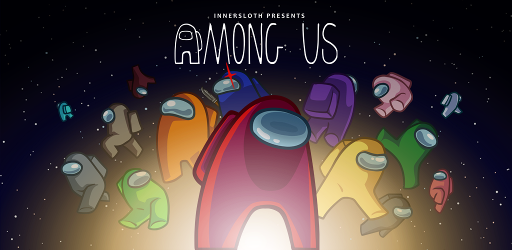 The cover art for Innersloth's game, Among Us, featuring a space background with all the characters, little armless spacesuits of different colors.
