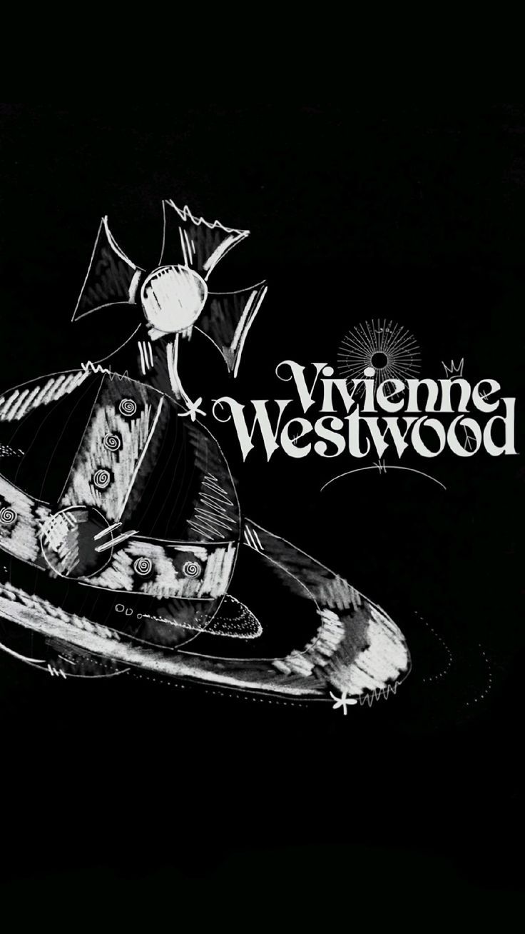 A black and white poster featuring Vivienne Westwood's staple jewelry. It has a cross at the top, connecting to a sphere-shaped piece that resembles Saturn.
