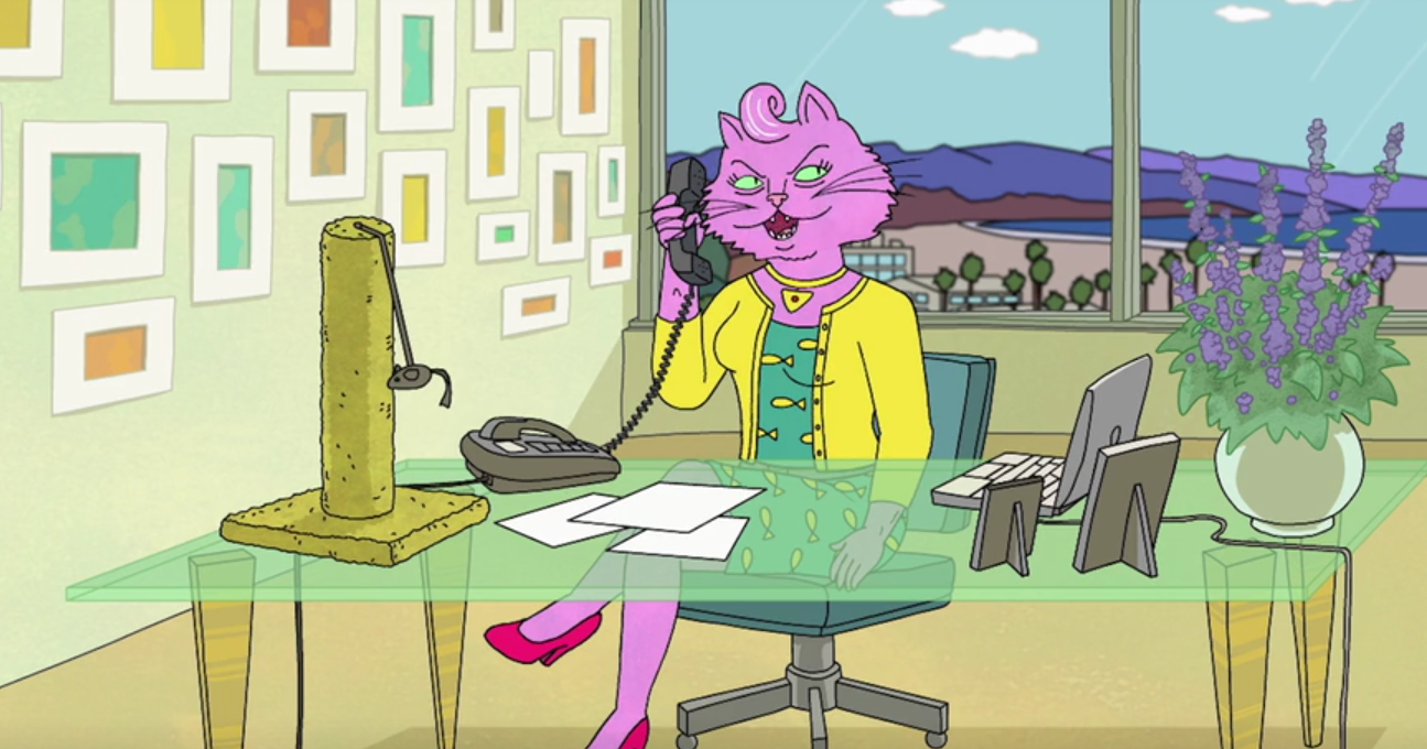 Princess Carolyn happily chatting on the phone. Bob-Waksberg, R.,Creator. 'BoJack Horseman.' Netflix, 2014-2020.