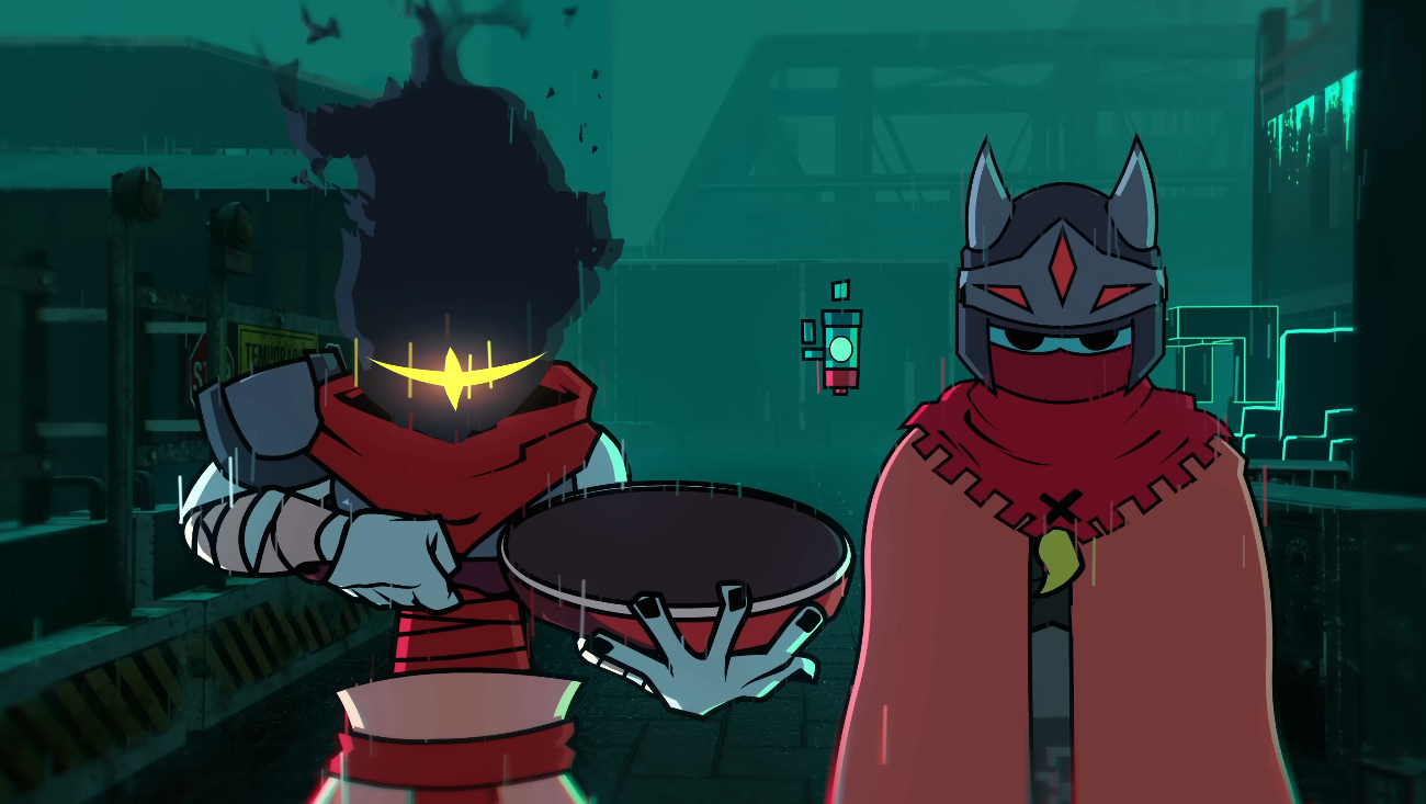 Two men stand together in green cyberpunk-style city, in the middle of the rain. To the left, a man with pale green skin and a frying pan. To the right, a man with a cape and a horned helmet, a futuristic piece of technology floating next to him.