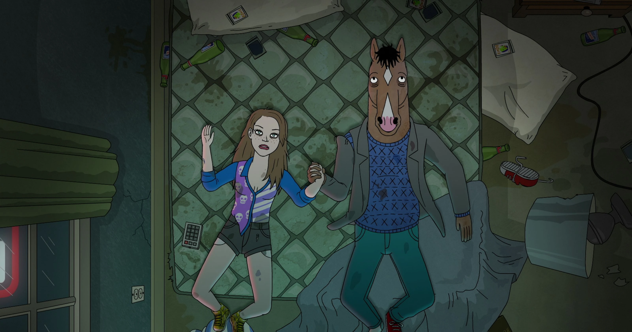 BoJack and Sarah Lynn holding hands in a dingy motel room after a drug-fueled bender. Bob-Waksberg, R.,Creator. 'BoJack Horseman.' Netflix, 2014-2020.