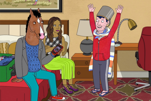 Todd expressing his happiness to BoJack with a pot on his head and his hands in the air. Bob-Waksberg, R.,Creator. 'BoJack Horseman.' Netflix, 2014-2020.