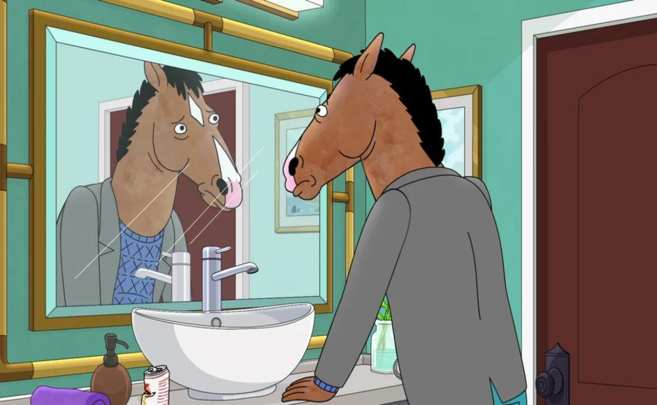 BoJack Horseman staring at a reflection of himself. Bob-Waksberg, R., Creator. BoJack Horseman. Netflix, 2014-2020.
