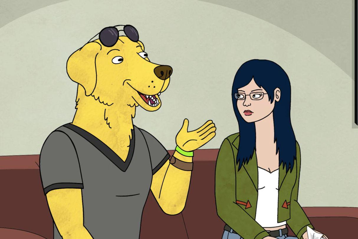 Mr. Peanutbutter talking to Diane, his current girlfriend. Bob-Waksberg, R.,Creator. 'BoJack Horseman.' Netflix, 2014-2020.