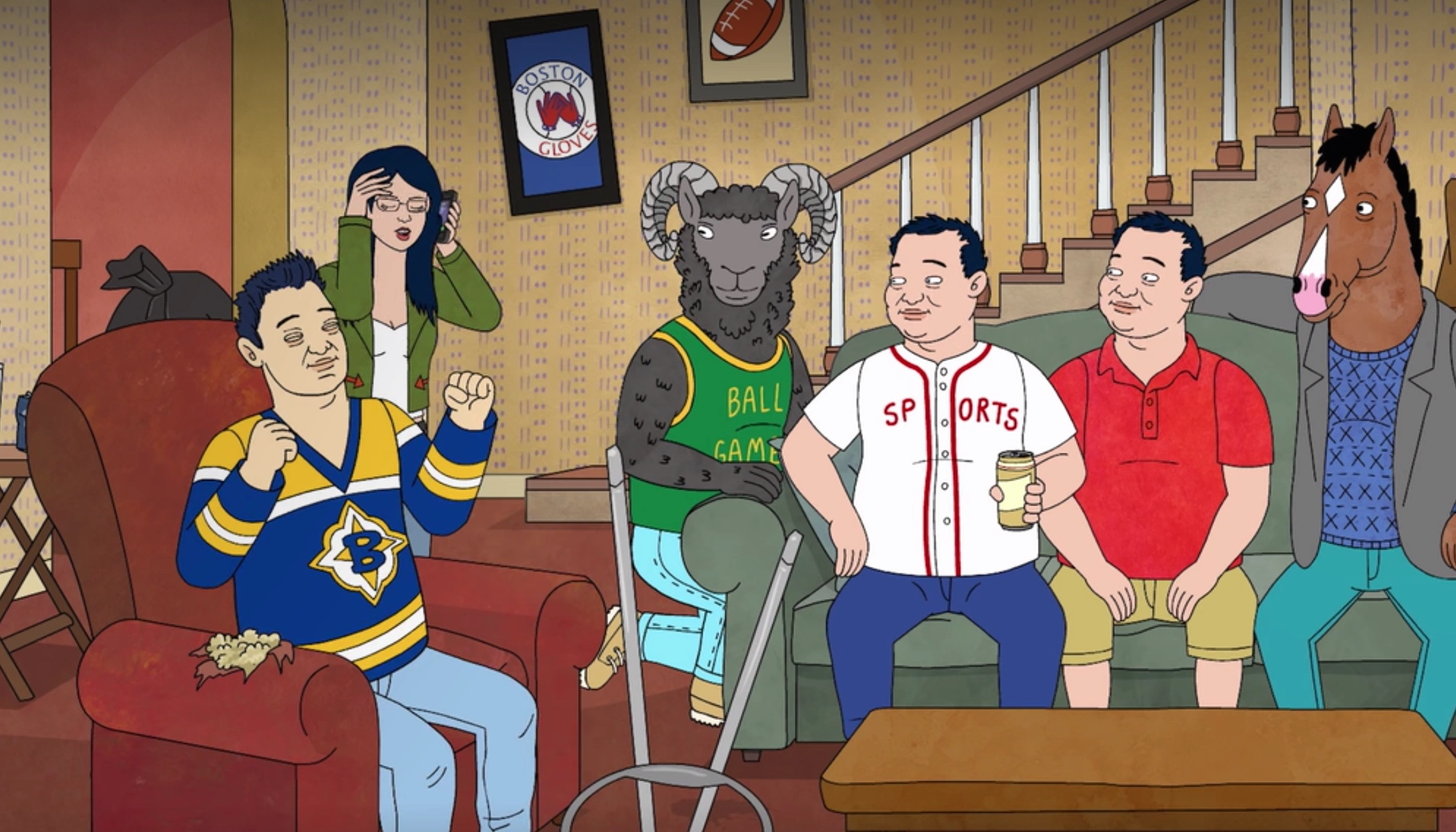 Diane expressing frustration while surrounded by her brothers and BoJack. Bob-Waksberg, R.,Creator. 'BoJack Horseman.' Netflix, 2014-2020.