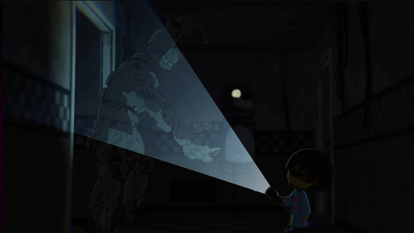 A withered rabbit-like humanoid extends its hand towards a child in the dark. The child is pointing their flashlight at the rabbit. 