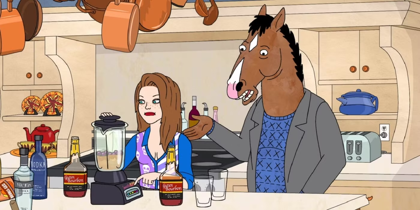 BoJack talking with Sara Lynn as she makes a smoothie of various substances. Bob-Waksberg, R.,Creator. 'BoJack Horseman.' Netflix, 2014-2020.