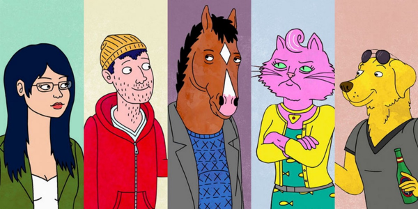 The main characters of 'BoJack Horseman' lined up together. Bob-Waksberg, R., Creator. 'BoJack Horseman.' Netflix, 2014-2020.