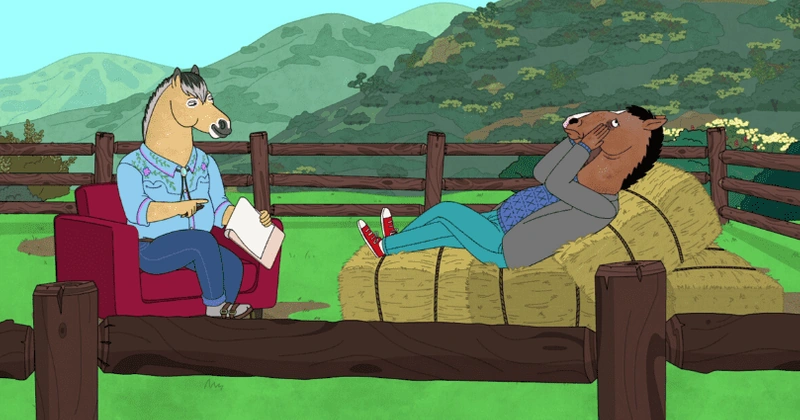 BoJack sitting with his horse therapist during rehab. Bob-Waksberg, R.,Creator. 'BoJack Horseman.' Netflix, 2014-2020.