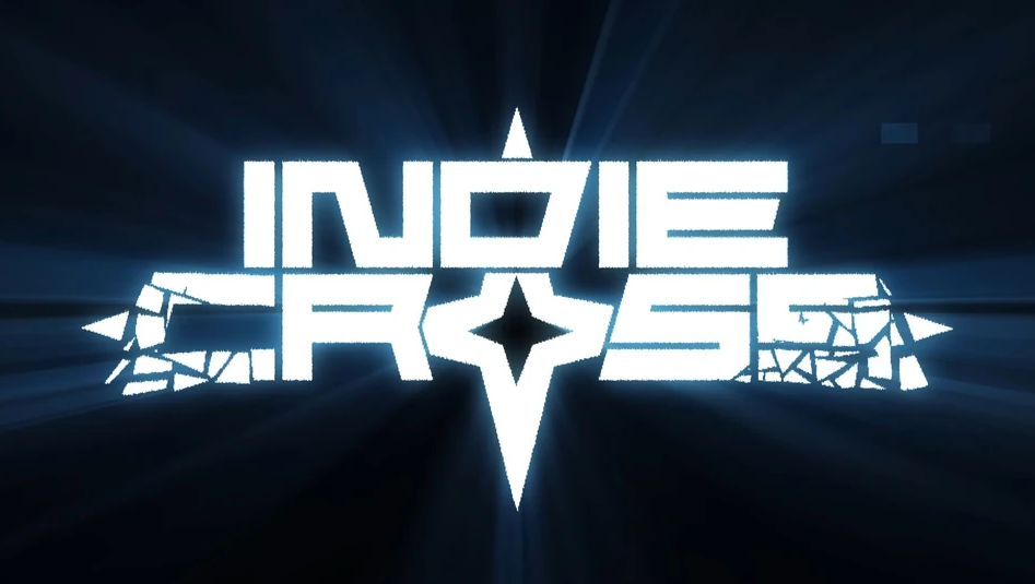 The official logo for Indie Cross. The title of the show is displayed in glowing white, rectangular words against a background of darkness. A star-like symbol replaces the "o" in "cross".