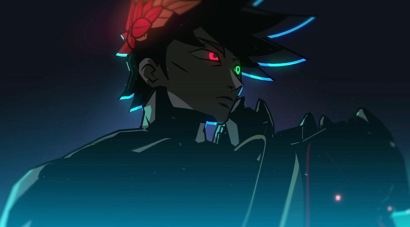 A man with heterochromia, one red eye and one green eye, looks to the distance in a dark place with a faint blue glow.
