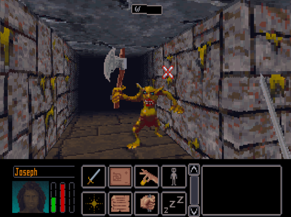 A small, yellow-green creature brandishes an axe. A menu sits at the bottom of the image, displaying buttons and player information.