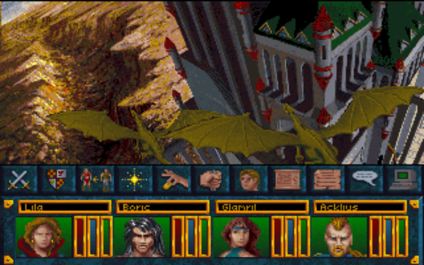 Dragon-like creatures fly next to a vast, towering fortress. On the bottom of the screen is a menu with four portraits representing different party members.