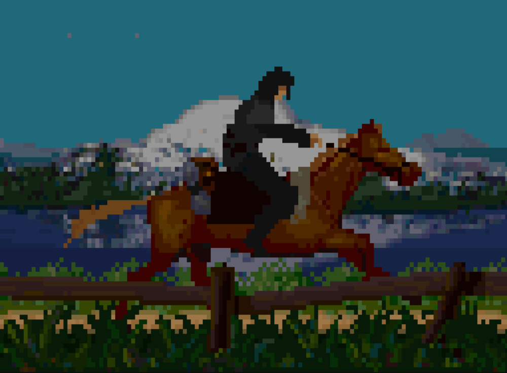 A pixelated image portrays an armored individual, riding a brown horse on a dirt road.