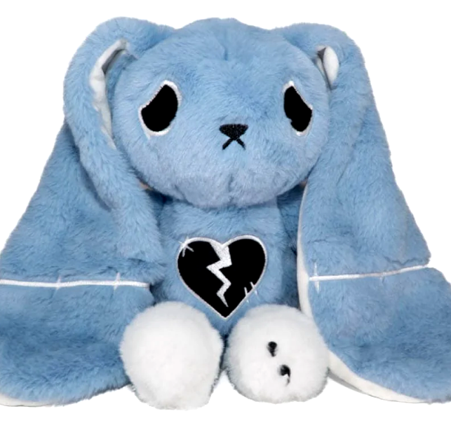 A blue plush bunny with long floppy ears, downturned black eyes, and a stitched black heart with a white crack on its chest, styled in a cozy macabre aesthetic.