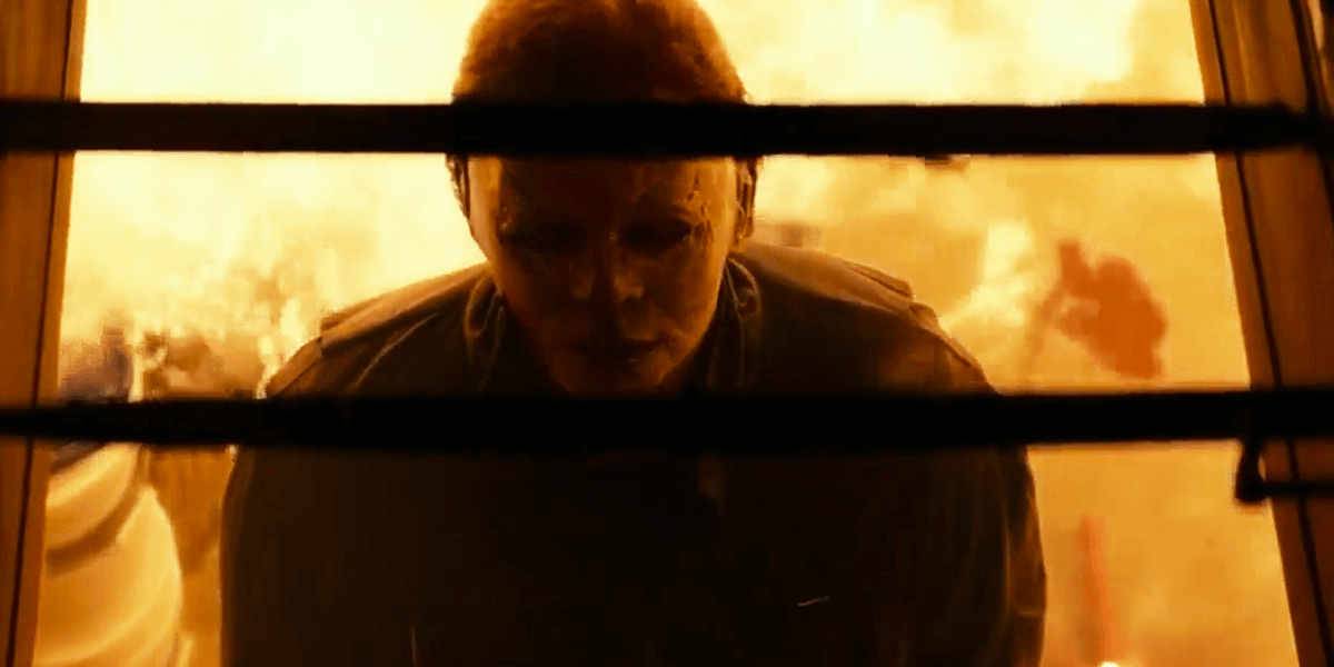 Michael Myers, played by James Jude Courtney, burns in a fire set by Laurie Strode. 