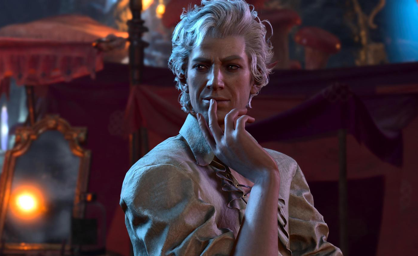 A smiling, pale elf with white hair and red eyes brings his hands to his mouth as he looks off to the side in contemplation.