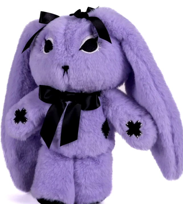 Lavender bunny plush with floppy ears, black bows, and X-stitch patches for a soft but spooky cozy macabre look.