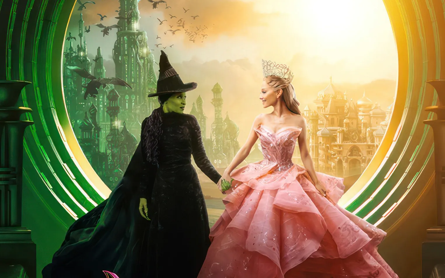 Elphaba and Glinda holding hands in Oz. Wicked. Jon M. Chu. 2025.