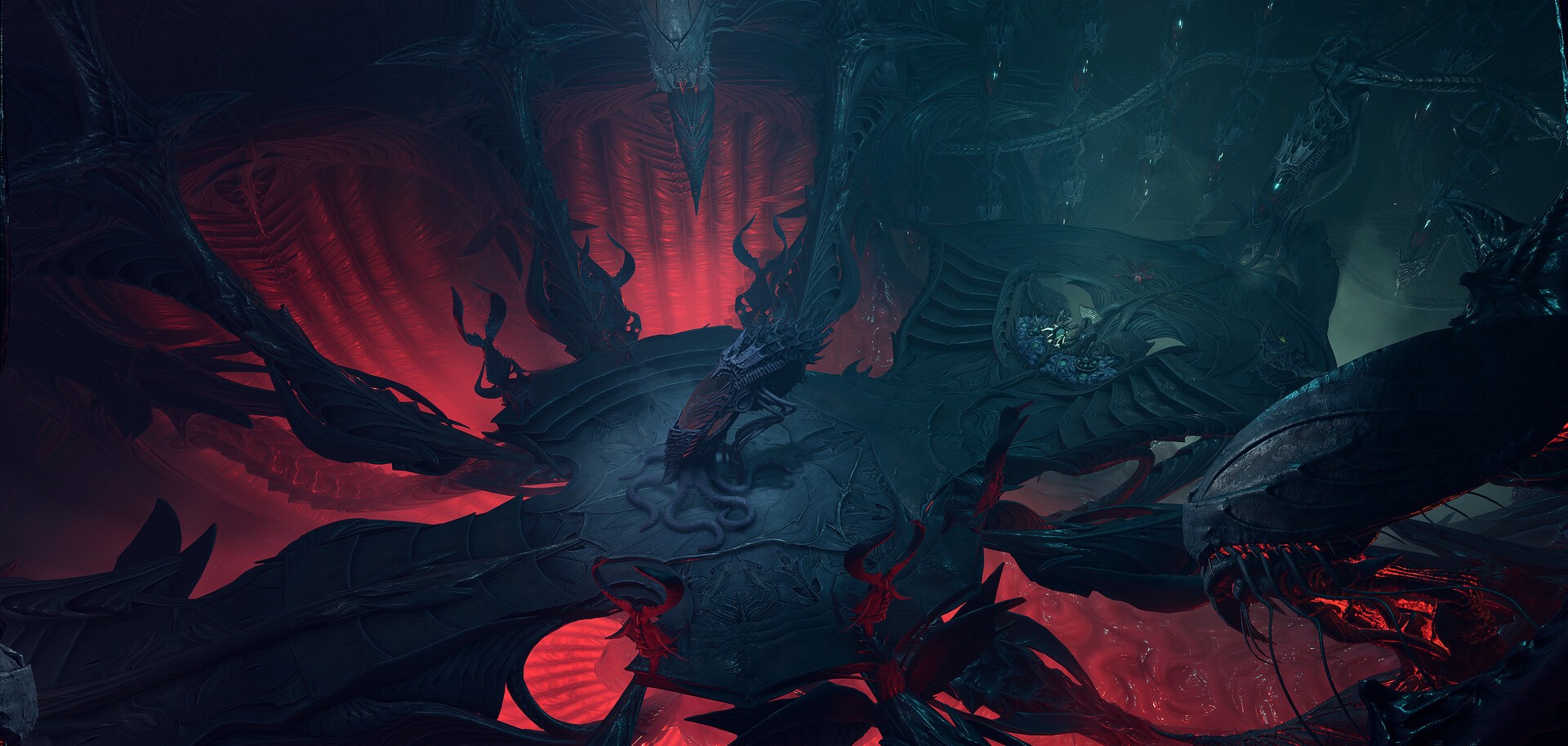 An ominous lair of some kind with an alien-like architecture, bathed in red light. A pod of some kind is seen in the center, while many more are present in the background.