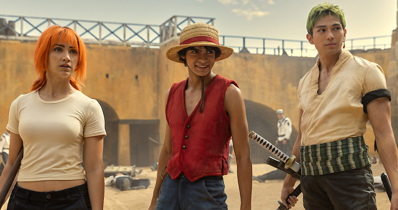Nami, Luffy and Zoro all grin after fighting together. Kubota Wladyka, Josef. One Piece. Netflix Entertainment. 2023-.