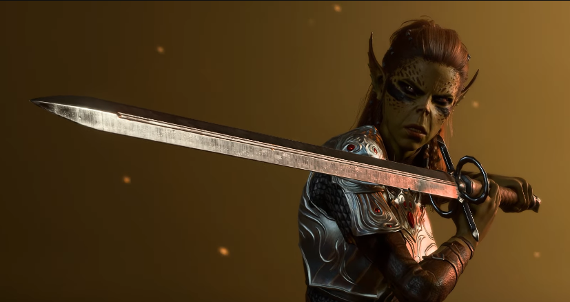 A green-skinned woman with pointed ears assumes a battle stance. She wields a sword and wears peculiar, ornate metal armor.