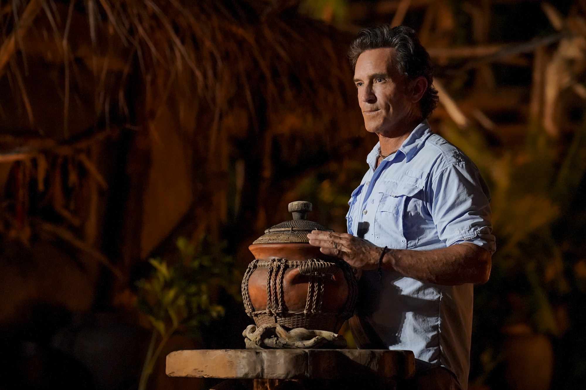Jeff Probst with the urn housing votes.