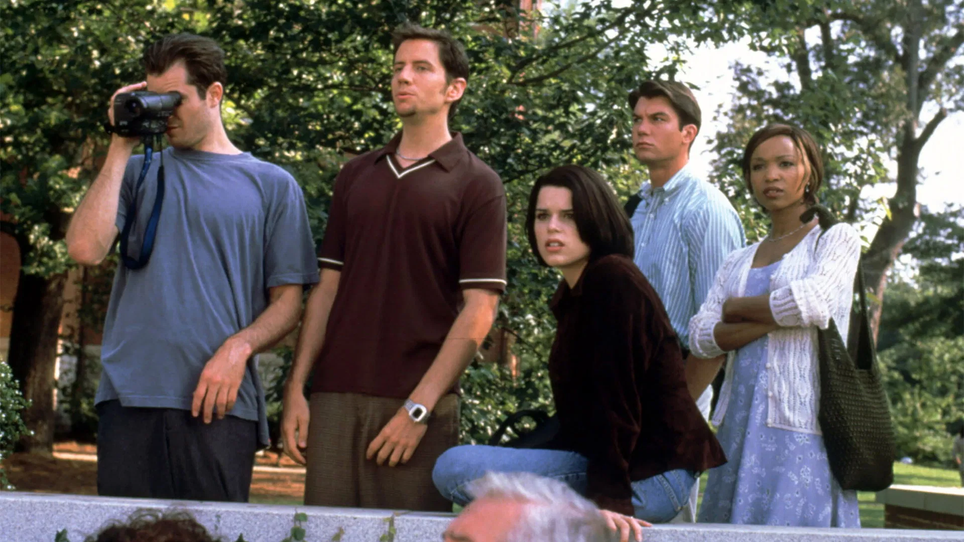 Sidney at college with her new group of friends (including Randy Meeks from the first movie) and, subsequently, suspects.
'Scream 2'. Wes Craven. 1997.