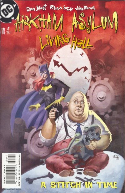 Cover of Arkham Asylum: Living Hell #3, depicting Humpty Dumpty and Batgirl (Barbara Gordon).