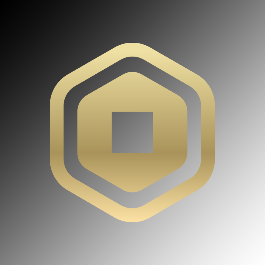 A golden hexagon-shaped logo is in front of a black and white gradient background. It is the symbol of Robux, the in-game currency for Roblox. "Guts & Blackpowder." Fuze Studios, 2021.